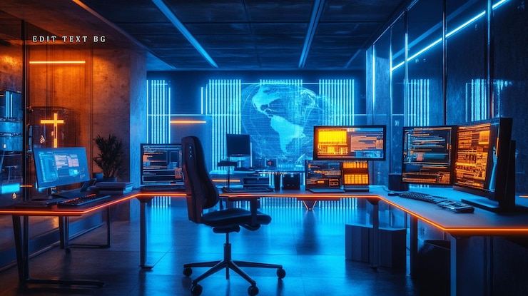 PSD futuristic gaming room with neon lights multiple monitors and a global map projection