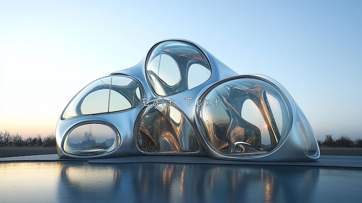 PSD futuristic glass and metal building reflecting in water at sunset