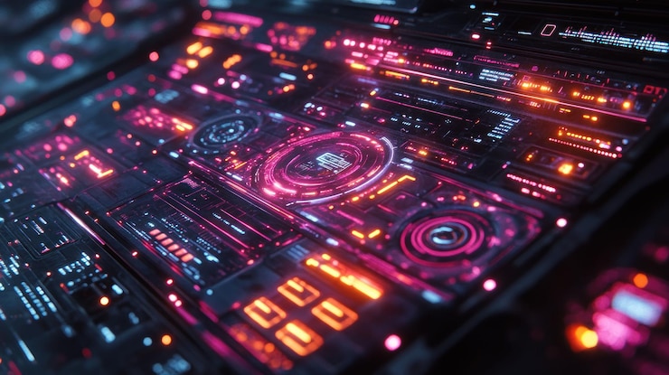 PSD futuristic glowing interface with digital panels and buttons
