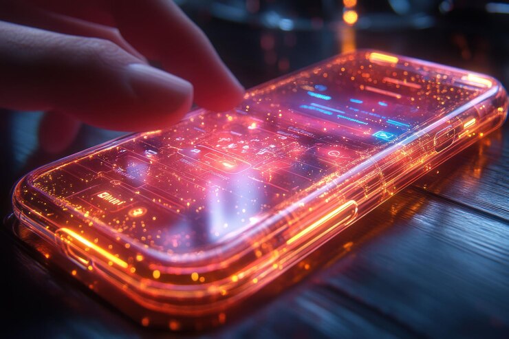 PSD a futuristic glowing smartphone with a hand interacting with the screen