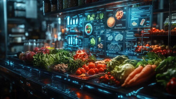 PSD a futuristic grocery store with digital displays showing information about the produce