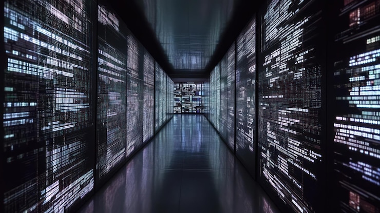 PSD futuristic hallway with digital data displays