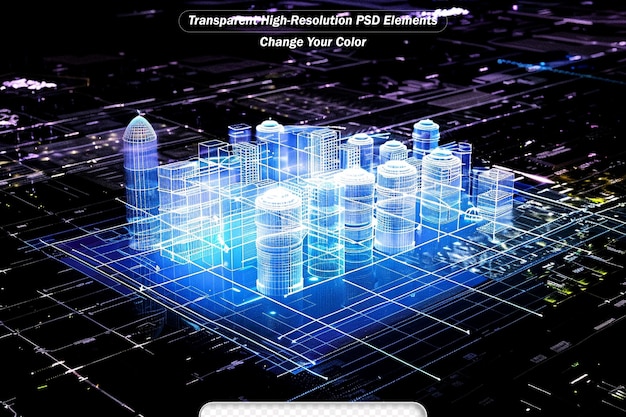 Display futuristico di un'immagine holografica della città generata digitalmente