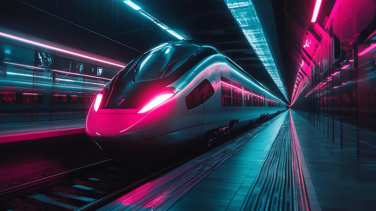 PSD futuristic highspeed train in neonlit subway station