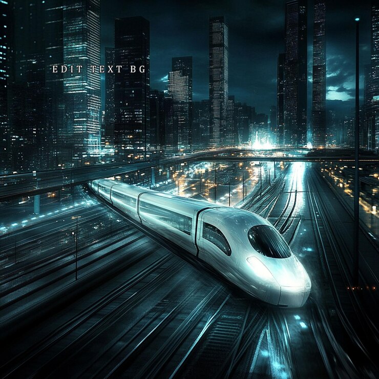 PSD futuristic highspeed train speeding through a modern city at night