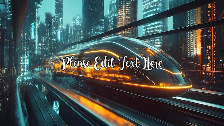 PSD futuristic highspeed train speeding through a neonlit cityscape at night