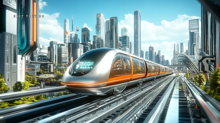 PSD futuristic highspeed train traveling through a modern city skyline
