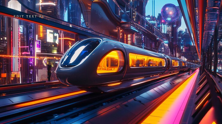 PSD futuristic highspeed train travels through a neonlit city at night