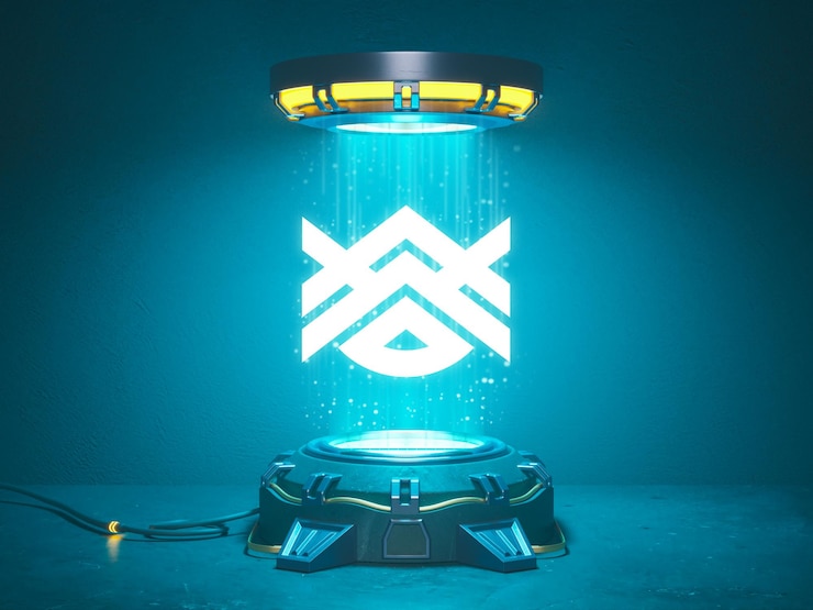 PSD futuristic hologram pedestal logo mockup