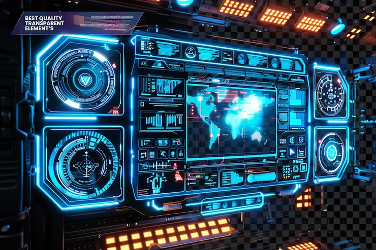 PSD a futuristic holographic interface with glowing blue screens on transparent background