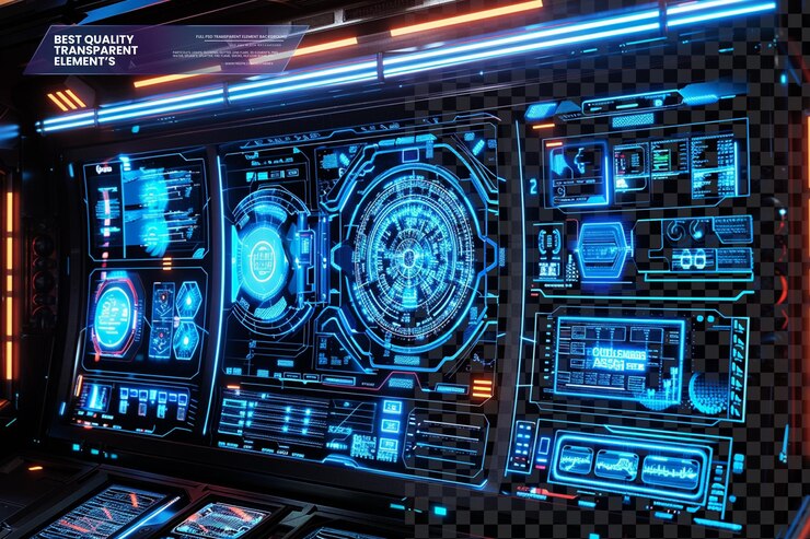 PSD a futuristic holographic interface with glowing blue screens on transparent background