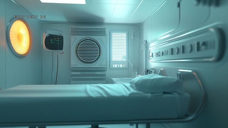 PSD futuristic hospital room with empty bed medical equipment and soft teal lighting