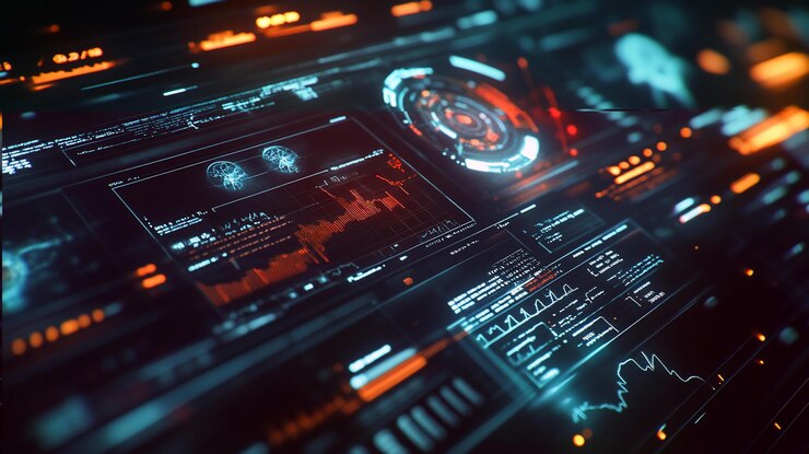 PSD futuristic hud interface with glowing digital data graphs and brain scans