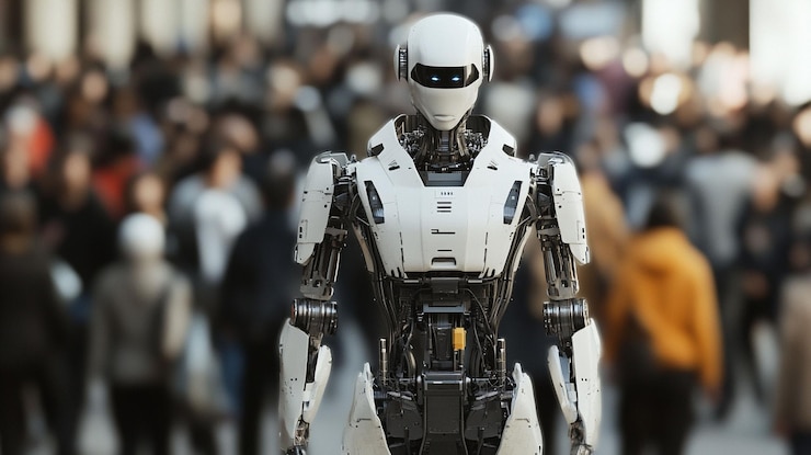 PSD futuristic humanoid robot standing amidst a blurred crowd in a city