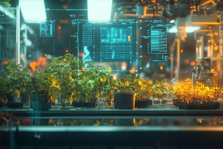 PSD futuristic hydroponic farm with digital display showing plant growth data