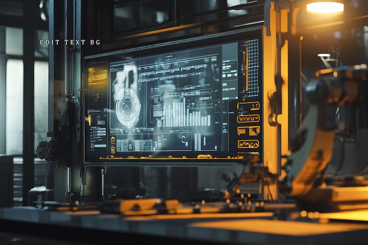 PSD futuristic industrial control room with large monitor displaying data and graphs