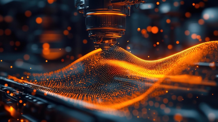 PSD a futuristic industrial machine working with glowing orange particles