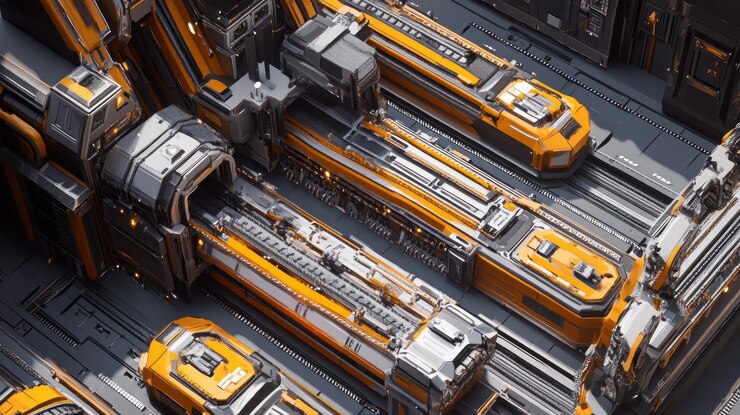 PSD futuristic industrial machinery with orange accents