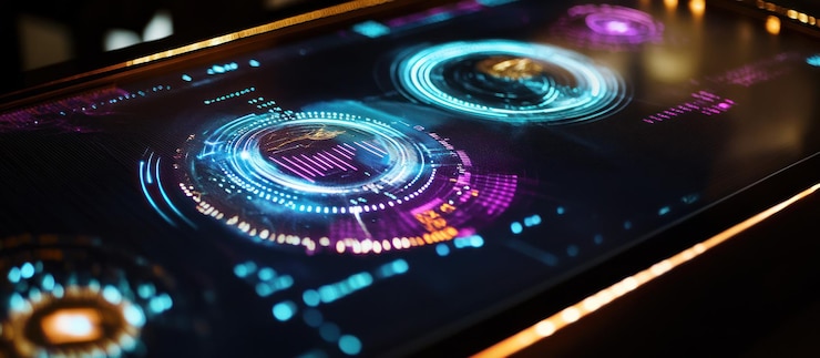 PSD futuristic interface with glowing holographic displays