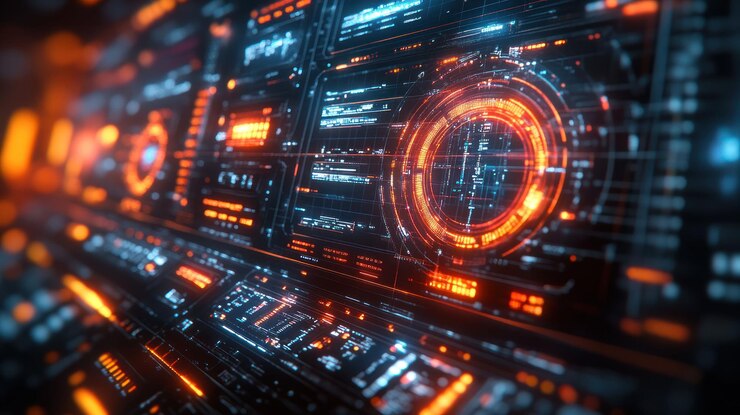 PSD a futuristic interface with glowing orange and blue lights showing various data points