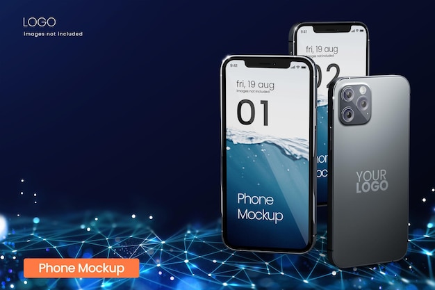 Futuristic iPhone 13 of two phone screens on blue geometrical background