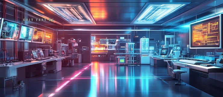 PSD futuristic lab interior with glowing neon lights hightech equipment and computers