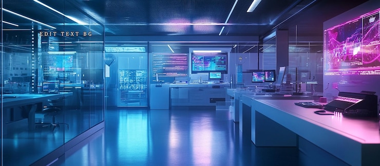 PSD futuristic lab interior with glowing screens and modern technology