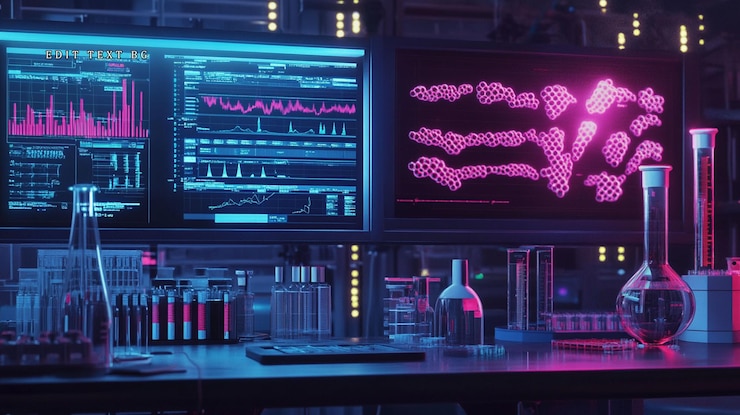 PSD futuristic laboratory with glowing monitors displaying data and molecular structures alongside various glassware and lab equipment