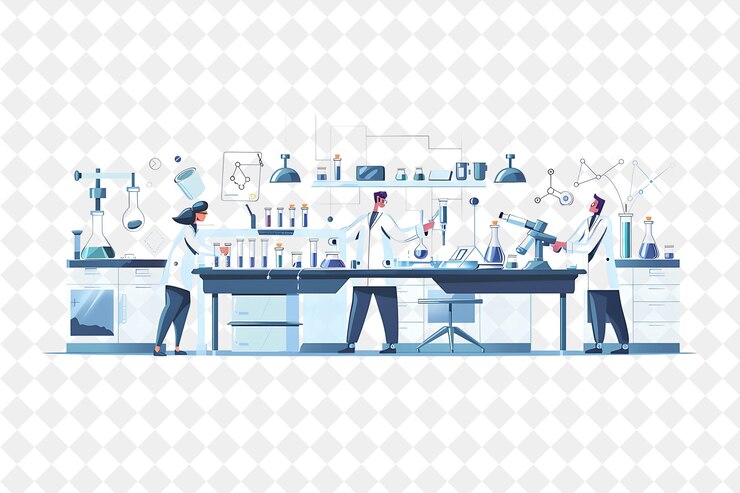 PSD futuristic laboratory with scientist characters having a sci people life style flat illustration