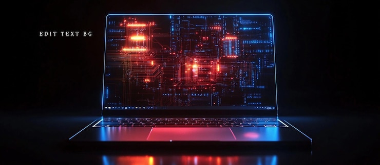 PSD futuristic laptop displaying a circuit board on its screen
