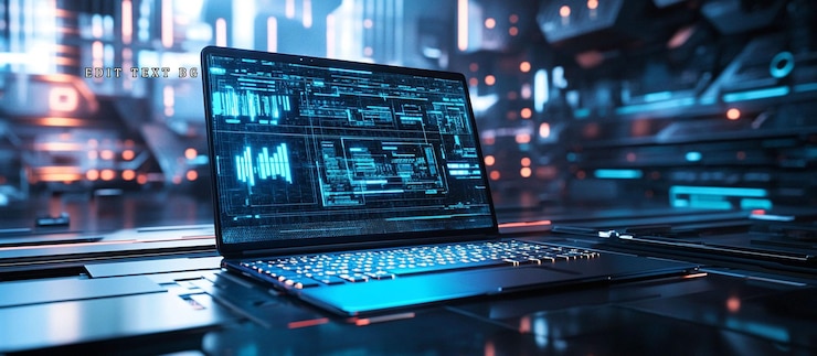 PSD futuristic laptop displaying data analytics in a digital city background