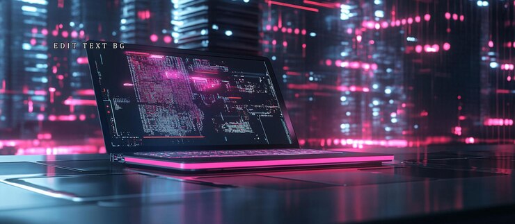 PSD futuristic laptop displaying data streams against a vibrant neon city backdrop