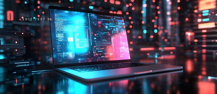 PSD futuristic laptop displaying data streams in a server room