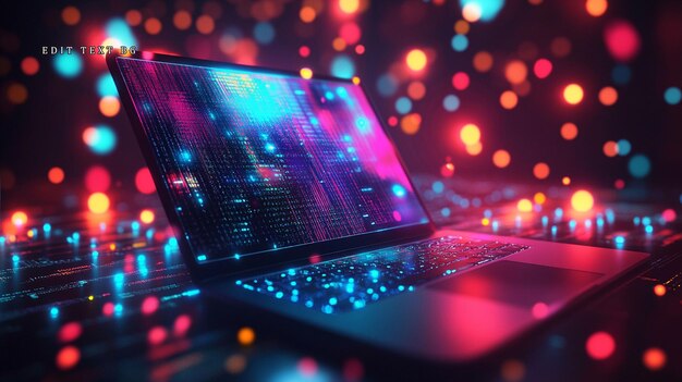 色とりどりのボケ背景で画面にデジタルコードを表示する未来的なノートパソコン