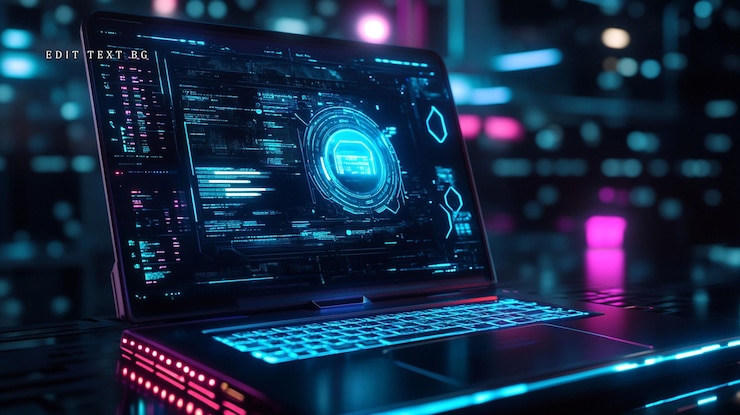 PSD futuristic laptop displaying digital data and code on its screen in a neonlit city