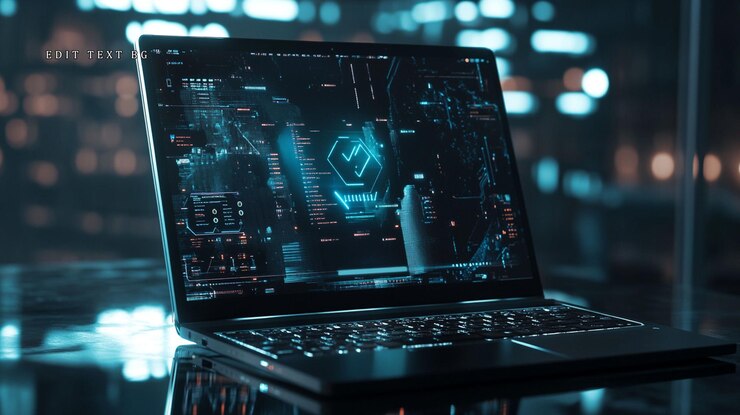 PSD futuristic laptop displaying digital interface with holographic data and glowing elements