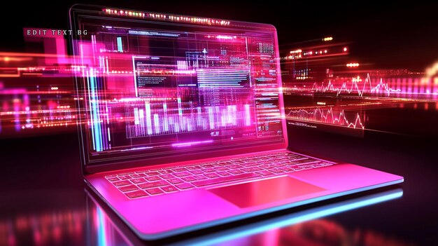 futuristic laptop displaying dynamic data streams and graphs