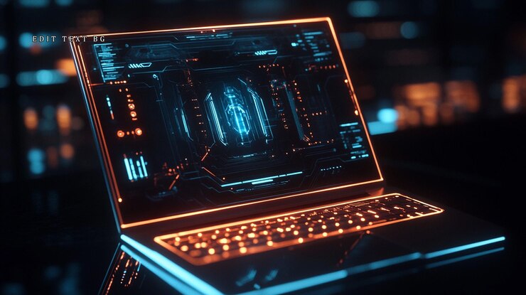 PSD futuristic laptop displaying a glowing holographic interface