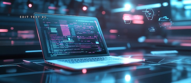 futuristic laptop displaying programming code with digital interface elements