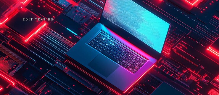 PSD футуристический ноутбук на неоновой платке