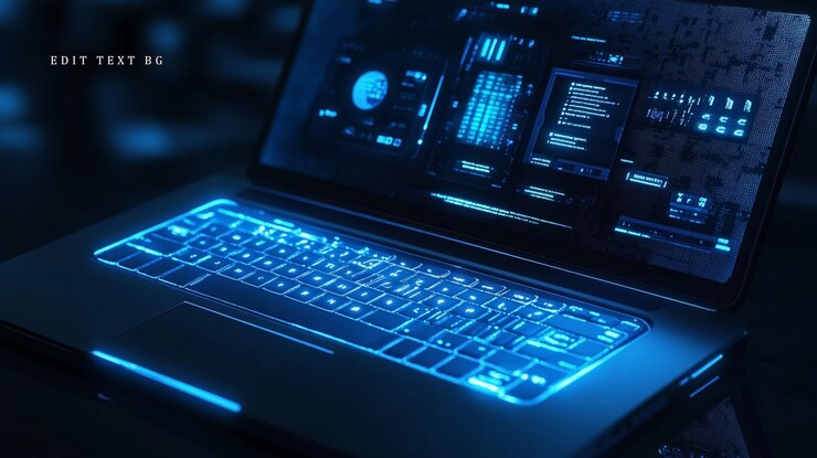 PSD futuristic laptop with glowing blue keyboard and advanced interface displayed on screen
