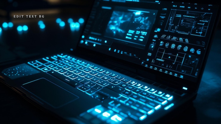 PSD futuristic laptop with glowing blue keyboard displaying data analysis interface