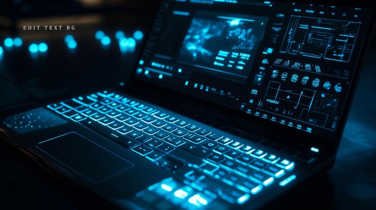 PSD futuristic laptop with glowing blue keyboard displaying data analysis interface