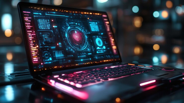 PSD futuristic laptop with glowing interface and keyboard in a cyberpunk setting