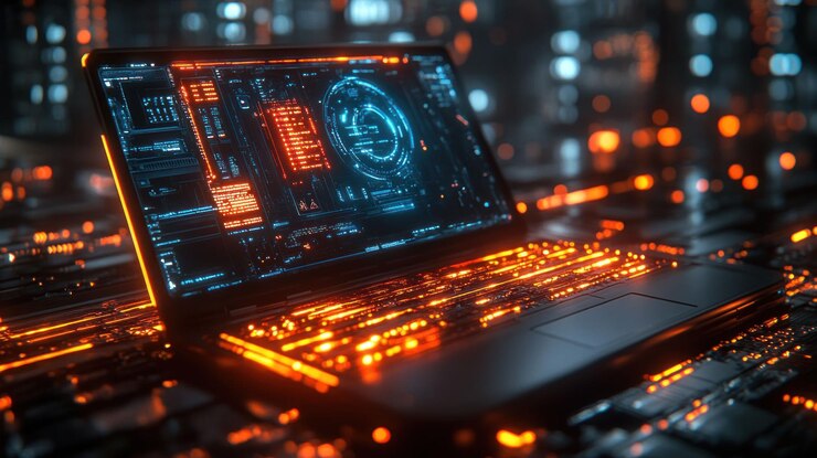 PSD a futuristic laptop with a glowing screen displaying a digital interface