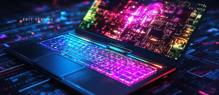 PSD futuristic laptop with vibrant rgb keyboard and screen displaying colorful data streams