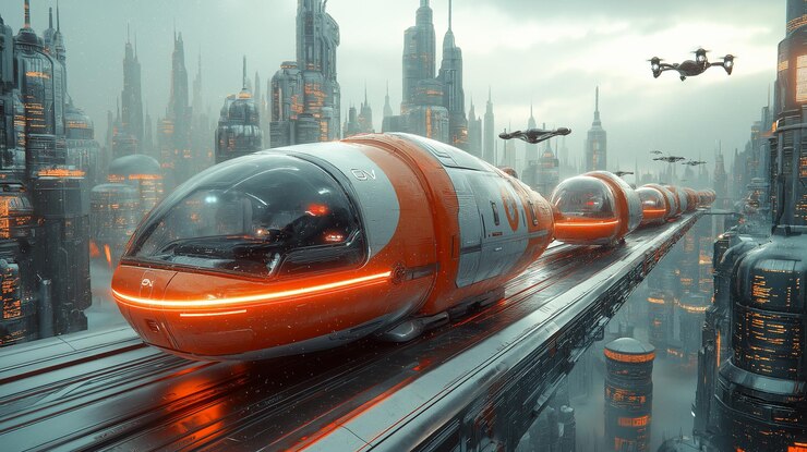 PSD a futuristic looking train with a red light on the top