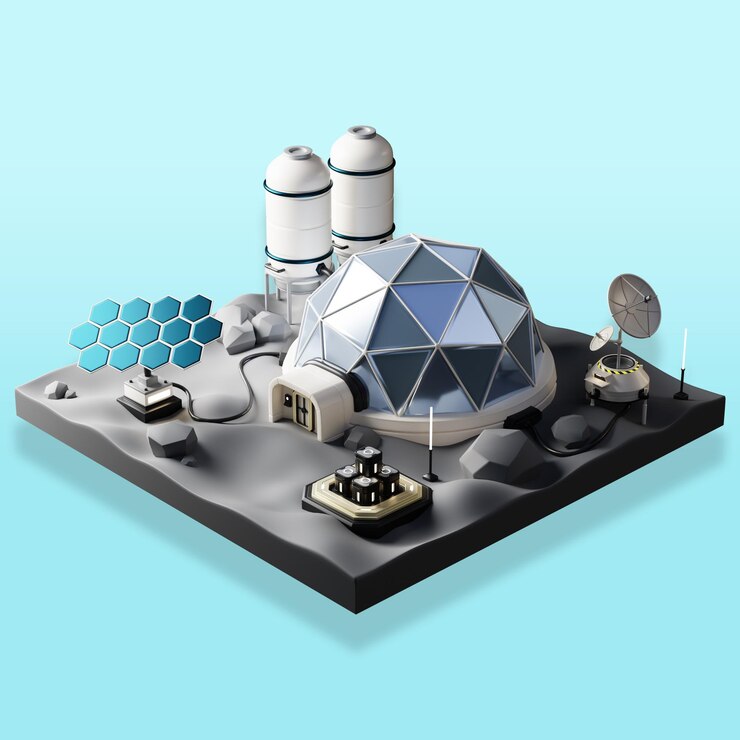 PSD futuristic lunar base with solar panels and dome habitat