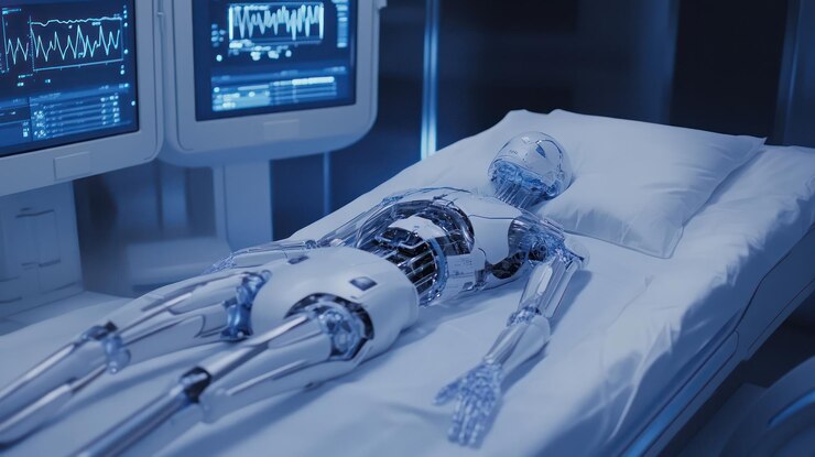 PSD futuristic medical examination a humanoid robot lies on a hospital bed connected to advanced medical equipment showcasing a blend of technology and healthcare