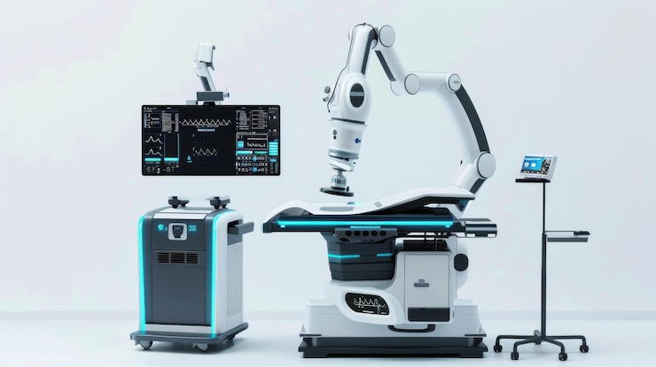 PSD futuristic medical robot arm system with monitor and mobile cart in a sterile white room